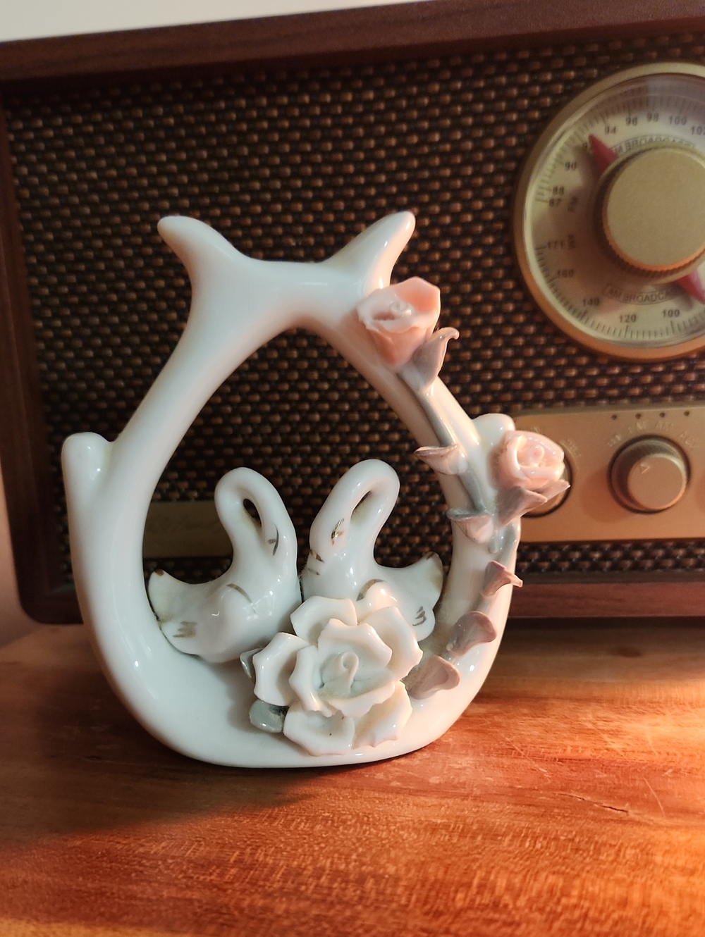 White Porcelain Swan & Rose Figurine Decorative Sculpture
